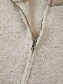 SHEIN Heather Beige Zip Up Knit Cardigan, Contrast Turtleneck Long Sleeve Sweater - Apricot - View 8