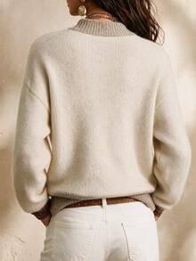 SHEIN Heather Beige Zip Up Knit Cardigan, Contrast Turtleneck Long Sleeve Sweater - Apricot - View 2