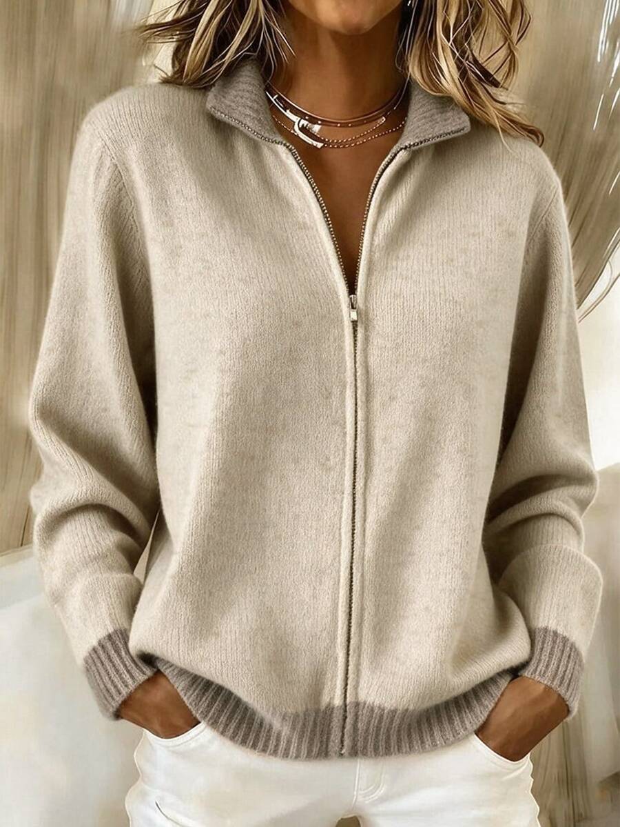 SHEIN Heather Beige Zip Up Knit Cardigan, Contrast Turtleneck Long Sleeve Sweater - Apricot - View 1
