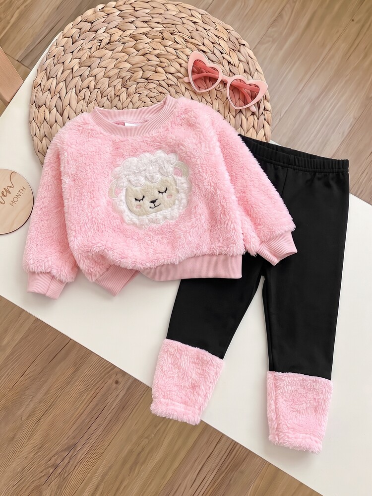 SHEIN 2pcs/Set Cute Baby Girl Fluffy Cartoon Pattern Long Sleeve Sweatshirt & Elastic Waist Long Autumn Winter Pants Set - Pink - View 7