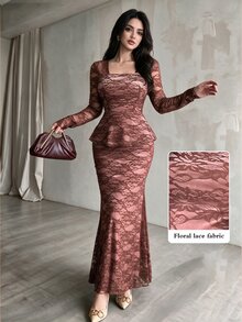 Modelyn Dusty Pink Square Neck Long Sleeve Lace Set Dress, Ruffle Waist Elegant Romantic Two Pieces Design, Slim Fit Bodycon Mermaid Long, Fall Dinner Date - Coffee Brown - View 4