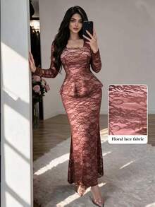 Modelyn Dusty Pink Square Neck Long Sleeve Lace Set Dress, Ruffle Waist Elegant Romantic Two Pieces Design, Slim Fit Bodycon Mermaid Long, Fall Dinner Date - Coffee Brown - View 2