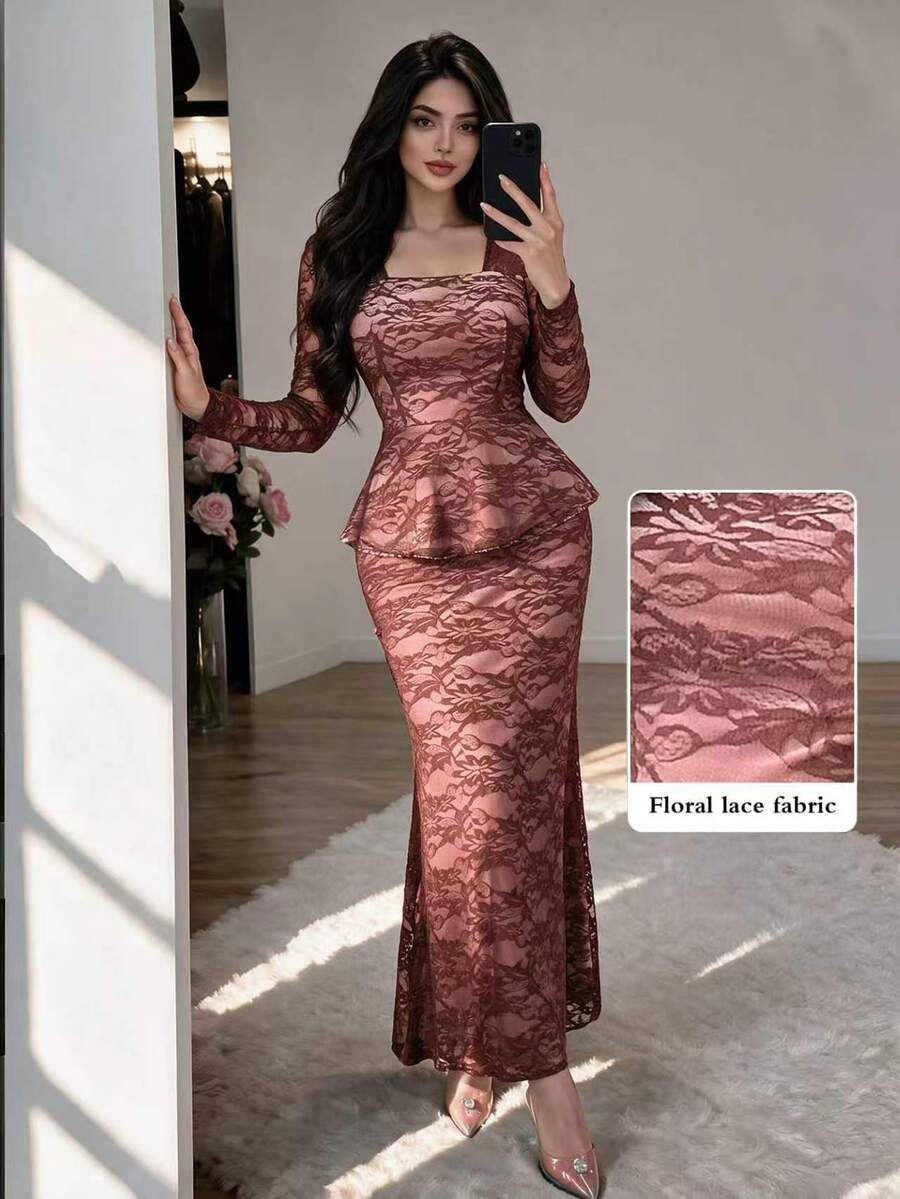 Modelyn Dusty Pink Square Neck Long Sleeve Lace Set Dress, Ruffle Waist Elegant Romantic Two Pieces Design, Slim Fit Bodycon Mermaid Long, Fall Dinner Date