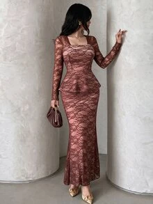Modelyn Dusty Pink Square Neck Long Sleeve Lace Set Dress, Ruffle Waist Elegant Romantic Two Pieces Design, Slim Fit Bodycon Mermaid Long, Fall Dinner Date - Coffee Brown - View 5