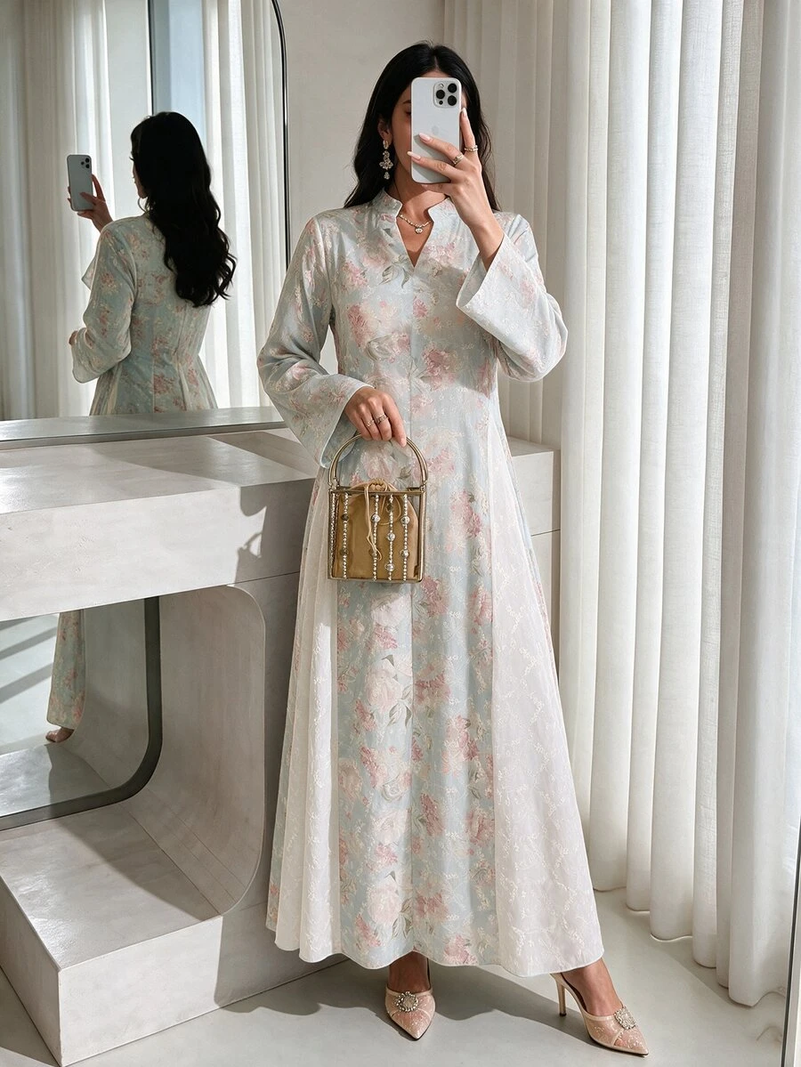 Al Najma Exquisite Embroidered & Printed Loose Fit Flared Women's Turkish Long Shirt & Arabic Traditional Long Shirt - Blue - View 1