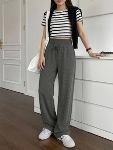 DAZY Women's Solid Color Loose Drawstring Waist Casual Sweatpants Fall Women Joggers - Dark Grey - View 3