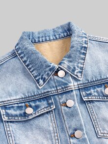 SHEIN 女童時尚杏色複合抓絨牛仔夾克，休閒百搭牛仔外套，適合返校季、秋冬穿著 - 中等水洗藍 - 查看 2