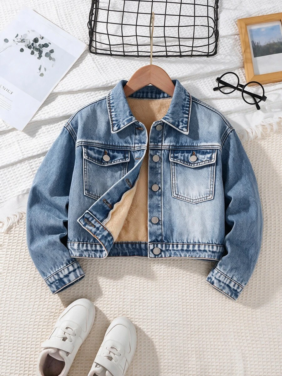 SHEIN 女童時尚杏色複合抓絨牛仔夾克,休閒百搭牛仔外套,適合返校季、秋冬穿著 - 中等水洗藍 - 查看 1