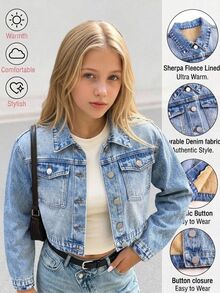 SHEIN 女童時尚杏色複合抓絨牛仔夾克，休閒百搭牛仔外套，適合返校季、秋冬穿著 - 中等水洗藍 - 查看 4