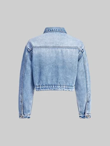 SHEIN 女童時尚杏色複合抓絨牛仔夾克，休閒百搭牛仔外套，適合返校季、秋冬穿著 - 中等水洗藍 - 查看 5