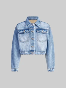 SHEIN 女童時尚杏色複合抓絨牛仔夾克，休閒百搭牛仔外套，適合返校季、秋冬穿著 - 中等水洗藍 - 查看 6
