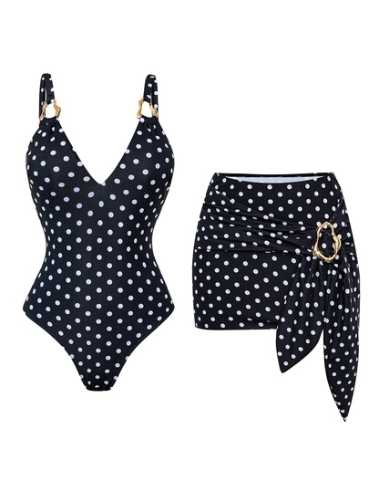 Swim Oasis-D Women's Vintage Black With White Polka Dot V-Neck Metal Buckle Strap One-Piece Swimsuit With Matching Sheer Skirt Beach Vacation Swimwear