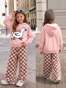 Young Girl Sweet & Kids Cute Duck Print Hoodie And Plaid Pants Set For Christmas - Multicolor - View 1