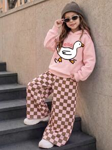 Young Girl Sweet & Kids Cute Duck Print Hoodie And Plaid Pants Set For Christmas - Multicolor - View 4