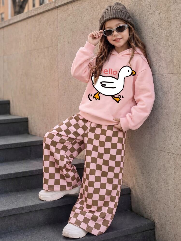 Young Girl Sweet & Kids Cute Duck Print Hoodie And Plaid Pants Set For Christmas - Multicolor - View 4