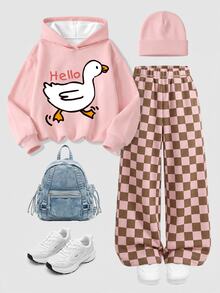 Young Girl Sweet & Kids Cute Duck Print Hoodie And Plaid Pants Set For Christmas - Multicolor - View 5