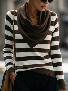 SHEIN Women Draped Cowl Neck Knit Sweater, Autumn Slim Long Sleeve Basic Undershirt - Multicolor - View 1