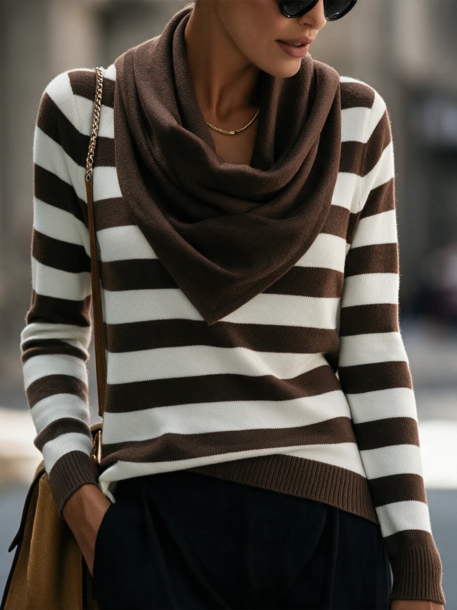 SHEIN Women Draped Cowl Neck Knit Sweater, Autumn Slim Long Sleeve Basic Undershirt - Multicolor - View 1