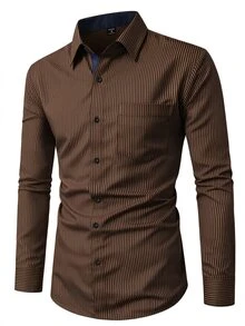 Manfinity Mode Men's Casual Single-Breasted Striped Long Sleeve Shirt, Suitable For Commuting, Business Office Men, Dress Formal Fall, Old Money Style, Ceremony - Brown - View 2