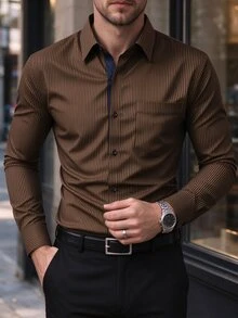 Manfinity Mode Men's Casual Single-Breasted Striped Long Sleeve Shirt, Suitable For Commuting, Business Office Men, Dress Formal Fall, Old Money Style, Ceremony - Brown - View 1