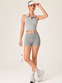 SHEIN BASICS Women's Casual Ultra Low Waist Minimalist Mini Shorts, Daily Wear - Grey - View 6