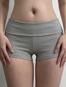 SHEIN BASICS Women's Casual Ultra Low Waist Minimalist Mini Shorts, Daily Wear - Grey - View 1