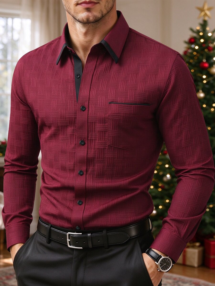 Calvornis Men Textured Knit Contrast Binding Pocket Patched Shirt, Formal, Old Money - Burgundy - View 1