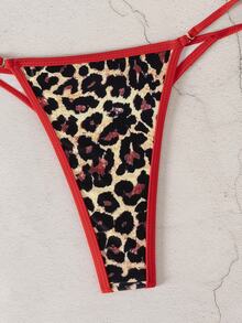 SHEIN Swim مجموعة ملابس سباحة نسائية للعطلات والشاطئ بطبعة نمر مع حواف متباينة - الأحمر - مشاهدة 6