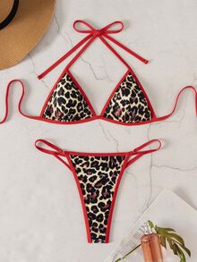 SHEIN Swim مجموعة ملابس سباحة نسائية للعطلات والشاطئ بطبعة نمر مع حواف متباينة - الأحمر - مشاهدة 3