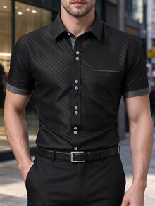 Manfinity Mode Áo sơ mi nam size lớn màu trơn cao cấp tay ngắn có cổ, phong cách thường ngày lịch sự, Old Money - màu đen - Xem 1