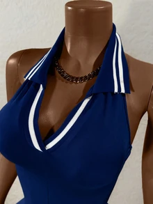 BamGleam 女士条纹露背性感吊带连体衣 - 藏蓝色 - 查看 7