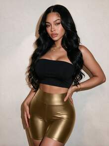 BamGleam Women's Fashion Street Casual Solid Color High Waist Cycling Shorts - Gold - View 4