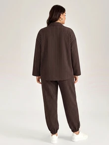 Comfylo Plus Size Women's Brown Long Sleeve Top And Pants Casual Streetwear Soft Form Elegant Daily 2 Pieces Set Autumn Vacation Formal Homewear Going Out - Coffee Brown - View 2