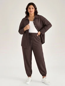 Comfylo Plus Size Women's Brown Long Sleeve Top And Pants Casual Streetwear Soft Form Elegant Daily 2 Pieces Set Autumn Vacation Formal Homewear Going Out - Coffee Brown - View 5