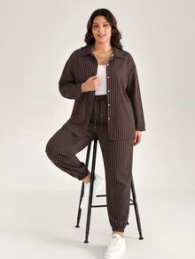 Comfylo Plus Size Women's Brown Long Sleeve Top And Pants Casual Streetwear Soft Form Elegant Daily 2 Pieces Set Autumn Vacation Formal Homewear Going Out - Coffee Brown - View 1