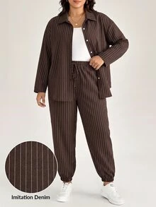 Comfylo Plus Size Women's Brown Long Sleeve Top And Pants Casual Streetwear Soft Form Elegant Daily 2 Pieces Set Autumn Vacation Formal Homewear Going Out - Coffee Brown - View 8