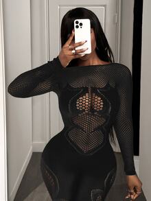 BamGleam Women's Long Sleeve Sexy Fitted Hollow-Out Jacquard Jumpsuit Fall Cloth For Women - Black - View 6