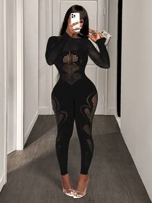 BamGleam Women's Long Sleeve Sexy Fitted Hollow-Out Jacquard Jumpsuit Fall Cloth For Women - Black - View 3