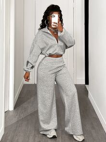BamGleam Women's Solid Color Drop Shoulder Long Sleeve Zip Front Cropped Hoodie And Wide Leg Pants Casual 2 Pieces Set, Autumn/Winter - Grey - View 5