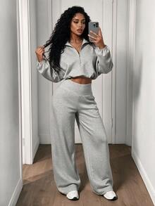 BamGleam Women's Solid Color Drop Shoulder Long Sleeve Zip Front Cropped Hoodie And Wide Leg Pants Casual 2 Pieces Set, Autumn/Winter - Grey - View 3