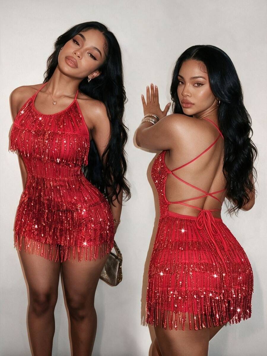 BamGleam Women Sequin Fringe Decor Criss-Cross Backless Jumpsuit For New Year Clothes
