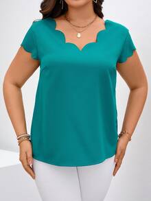 Chikora Plus Size Solid Color Shirt With Scalloped Edges - Green - View 4