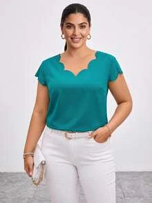 Chikora Plus Size Solid Color Shirt With Scalloped Edges - Green - View 1