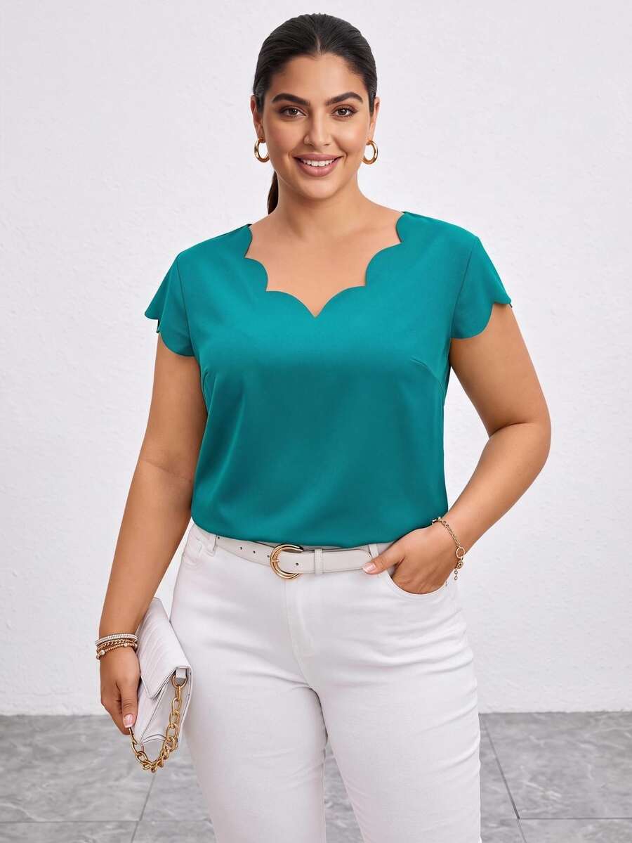 Chikora Plus Size Solid Color Shirt With Scalloped Edges - Green - View 1