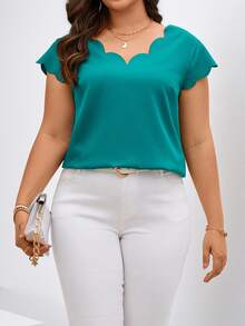 Chikora Plus Size Solid Color Shirt With Scalloped Edges - Green - View 3