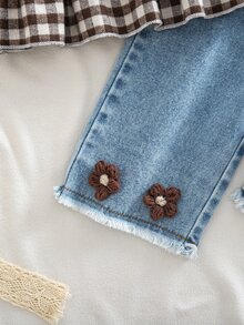 SHEIN Baby Girl Plaid Bow Decor Shirt And 3D Embroidered Denim Pants Set - Multicolor - View 6