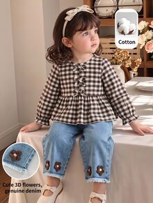 SHEIN Baby Girl Plaid Bow Decor Shirt And 3D Embroidered Denim Pants Set - Multicolor - View 2