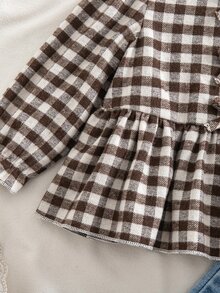 SHEIN Baby Girl Plaid Bow Decor Shirt And 3D Embroidered Denim Pants Set - Multicolor - View 5