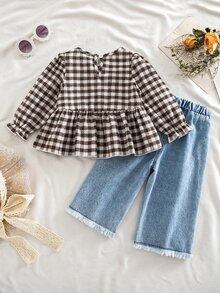 SHEIN Baby Girl Plaid Bow Decor Shirt And 3D Embroidered Denim Pants Set - Multicolor - View 3