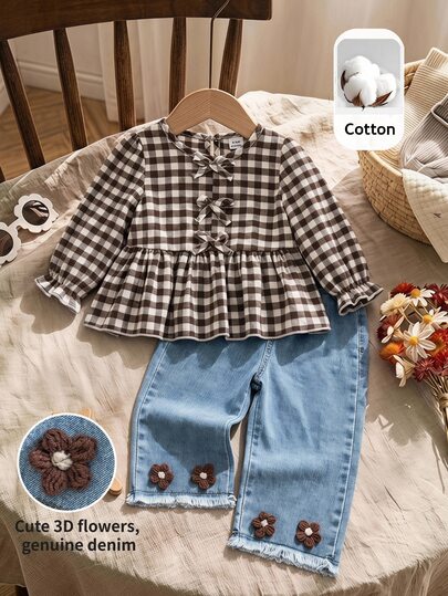 SHEIN Conjunto de camisa con decoración de lazo a cuadros y pantalones de mezclilla con bordado 3D para niña bebé